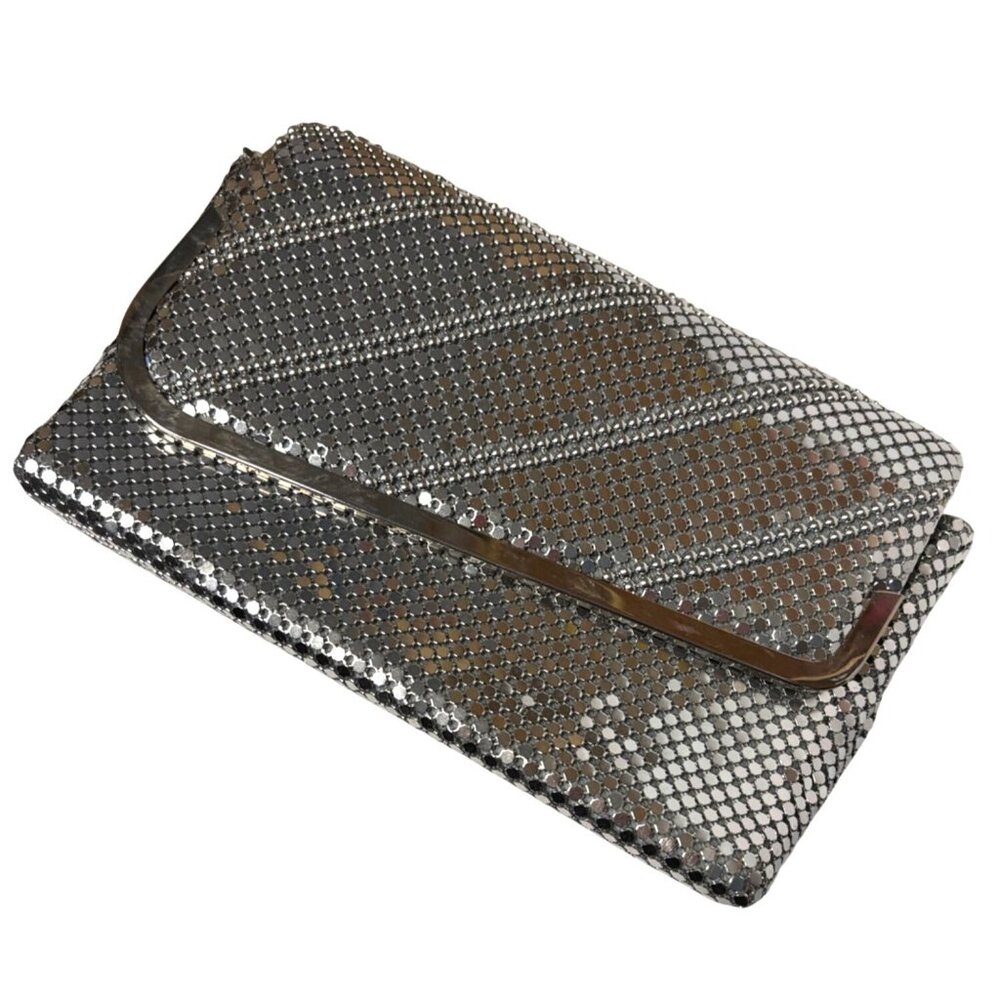 BUENO Silver Mesh Metal Evening Clutch Purse Diagonal Pattern Removable Strap